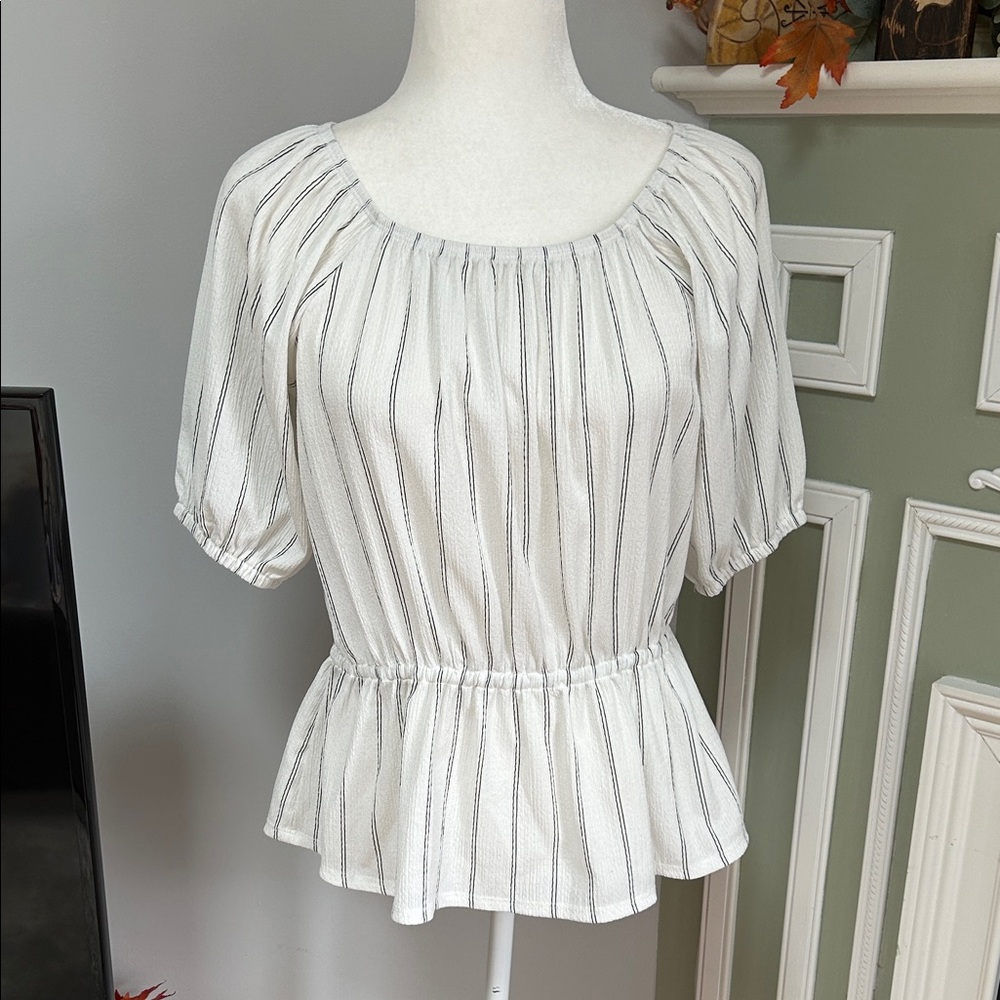 Nine West White and Black Striped Peplum Blouse